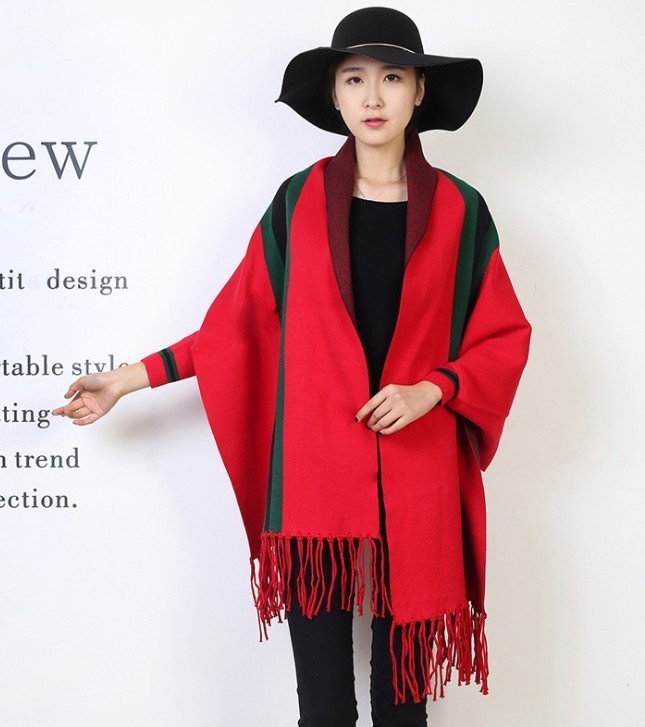 Trendy Striped Shawl Poncho with arm holes and Tassels SCARF11